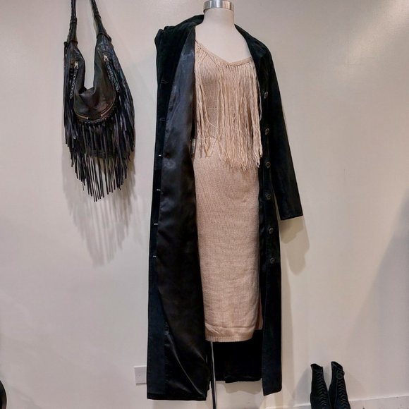 🍂HOST PICK🍁💋STUNNING BOHO CHIC💋 VTG 70s Genuine Leather Maxi Trench in Black - Picture 15 of 15